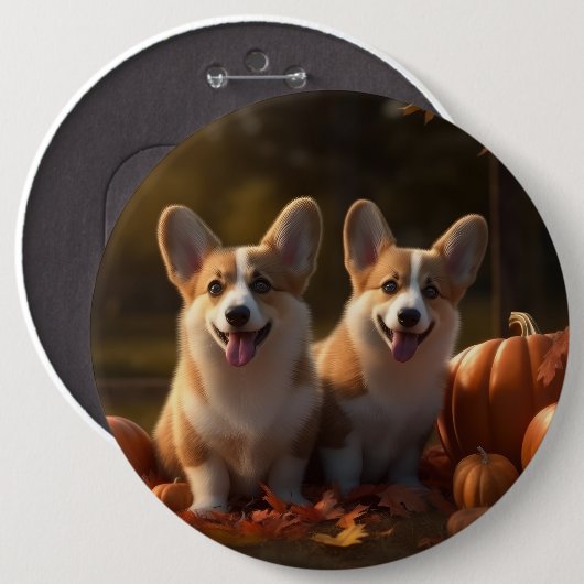 Badge Rond 15,2 Cm Corgi Puppy Automne Citrouille de plaisir (Devant & derrière)
