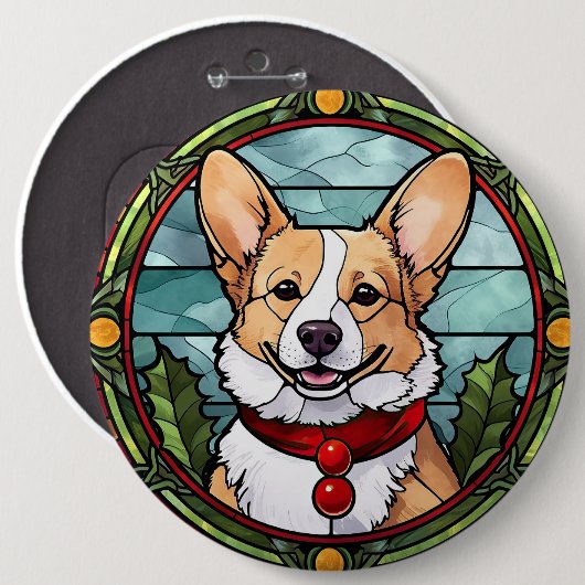 Badge Rond 15,2 Cm Corgi vitrail de Noël (Devant & derrière)