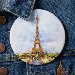 Badge Rond 15,2 Cm Coucher de soleil Tour Eiffel Paris Aquarelle fran