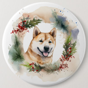 Badge Rond 15,2 Cm Couronne de Noël Akita Chien de fête