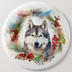 Badge Rond 15,2 Cm Couronne de Noël festive de malamute d'Alaska
