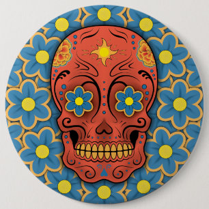 Badge Rond 15,2 Cm Crâne à sucre - Jour des Morts (Bleus Daisies)