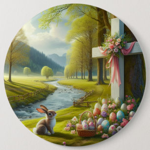 Badge Rond 15,2 Cm Croix de Pâques avec lapin et oeufs