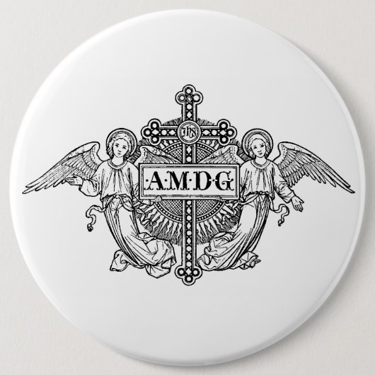 Badge Rond 15,2 Cm Croix traditionnelle catholique des anges AMDG (Devant)