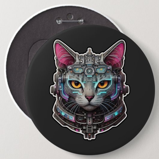 Badge Rond 15,2 Cm Curieux Kitty dans un cyber-casque (Devant & derrière)