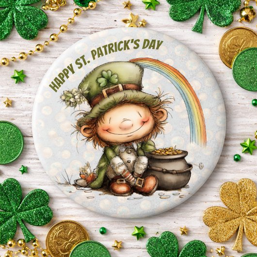 Badge Rond 15,2 Cm Cute Leprechaun With Pot of Gold and Rainbow