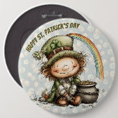 Badge Rond 15,2 Cm Cute Leprechaun With Pot of Gold and Rainbow (Devant & derrière)