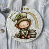 Badge Rond 15,2 Cm Cute Leprechaun With Pot of Gold and Rainbow (En situation)