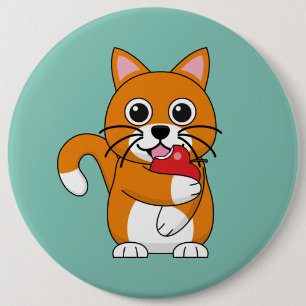 Badge Rond 15,2 Cm Cute Orange Blanc Chat Manger Rouge Pomme Carton