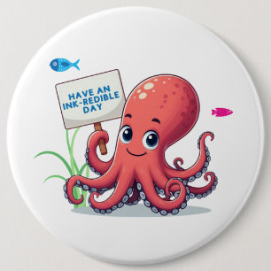 Badge Rond 15,2 Cm Cute, poulpe caricaturale avec poisson