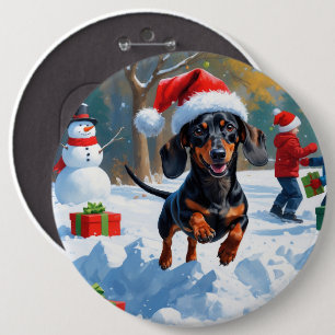 Badge Rond 15,2 Cm Dachshund courant dans la neige avec un chapeau de