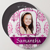 Badge Rond 15,2 Cm Damas blanc et rose (Devant & derrière)