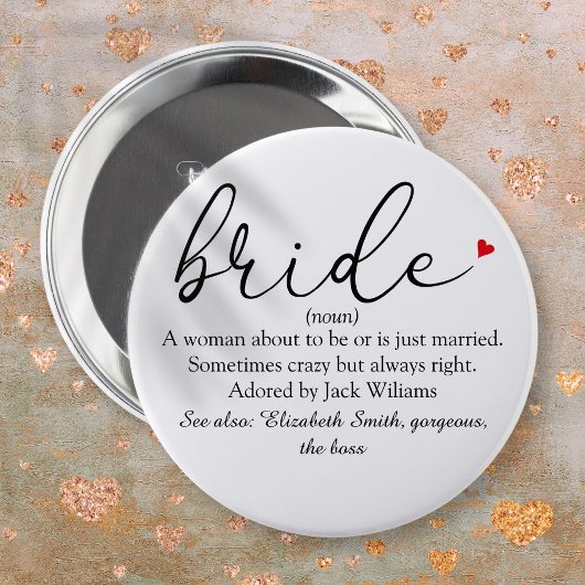 Badge Rond 15,2 Cm Définition de mariée de script, douche de mariée,