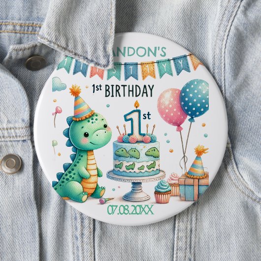 Badge Rond 15,2 Cm Dinosaur Dino 1ère fête d'anniversaire (En situation)