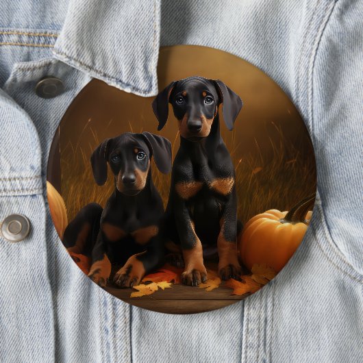 Badge Rond 15,2 Cm Doberman Chiot Automne Citrouille de plaisir (En situation)