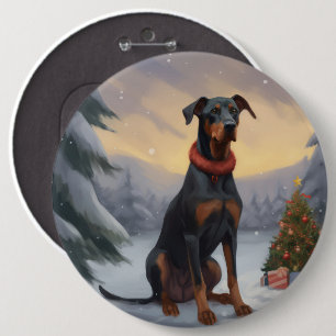 Badge Rond 15,2 Cm Doberman dans la neige Noël 