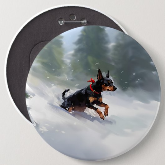 Badge Rond 15,2 Cm Doberman Pinscher neige de Noël hiver (Devant & derrière)