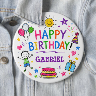 Badge Rond 15,2 Cm Doodle Coloré Joyeux Anniversaire Nom Personnalisé