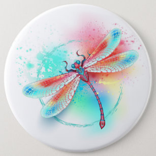 Badge Rond 15,2 Cm Dragonfly rouge sur l'arrière - plan aquarelle