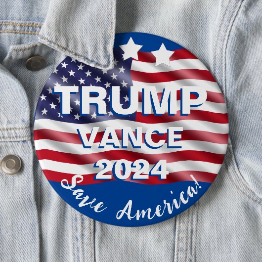 Badge Rond 15,2 Cm Drapeau de Trump Vance 2024 Save America (En situation)