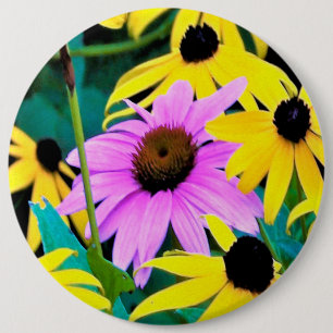 Badge Rond 15,2 Cm Échinacée rose et pourpre avec des fleurs jaunes