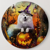 Badge Rond 15,2 Cm Éffrayant Samoyed Chien Halloween sorcière et Citr (Devant)