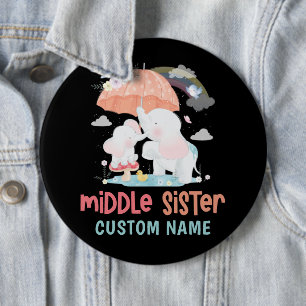 Badge Rond 15,2 Cm Elephants Whimsical Middle Sister Nom personnalisé
