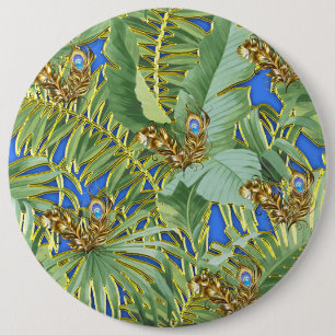 Badge Rond 15,2 Cm Feuilles Golden Peacock sur Cerulean Blue