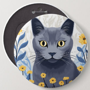Badge Rond 15,2 Cm Fleurs Jaunes Chat Bleu Russe