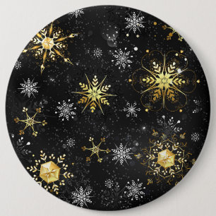Badge Rond 15,2 Cm Flocons de neige dorés de Noël sur fond noir