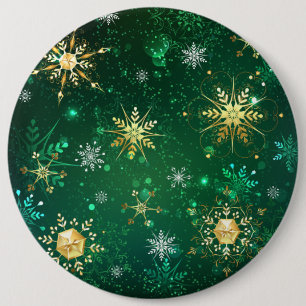 Badge Rond 15,2 Cm Flocons de neige dorés de Noël sur fond vert