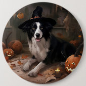 Badge Rond 15,2 Cm Frontière Collie Citrouilles Halloween effroi (Devant)