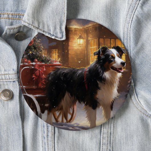 Badge Rond 15,2 Cm Frontière Collie Festive de Noël (En situation)