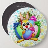 Badge Rond 15,2 Cm Funny Bunny biting an Easter Egg (Devant & derrière)