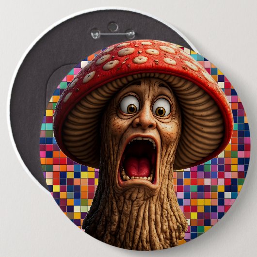 Badge Rond 15,2 Cm Funny screaming mushroom man pin back (Devant & derrière)