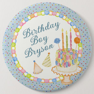 Badge Rond 15,2 Cm Gâteau de fête d'anniversaire Blue Cue the Confett