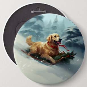 Badge Rond 15,2 Cm Golden Retriers Noël neige hiver