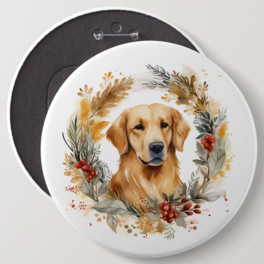 Badge Rond 15,2 Cm Golden Retriever Christmas Wreath Festive Pup (Devant & derrière)