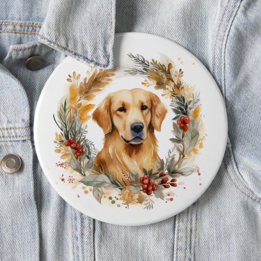 Badge Rond 15,2 Cm Golden Retriever Christmas Wreath Festive Pup (En situation)