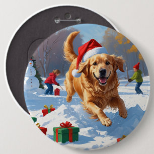 Badge Rond 15,2 Cm Golden Retriever dans la neige avec un chapeau de