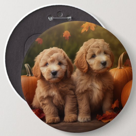 Badge Rond 15,2 Cm Goldendoodle Chiot Automne Citrouille délice (Devant & derrière)