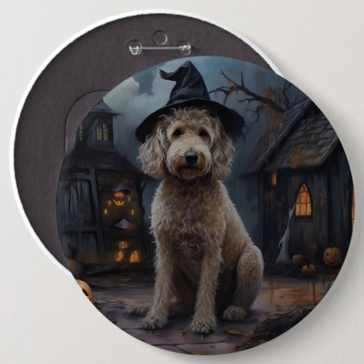 Badge Rond 15,2 Cm Goldendoodle Citrouille Halloween effrayant (Devant & derrière)