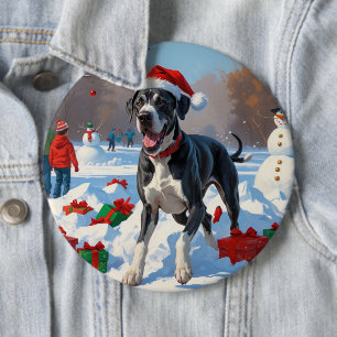 Badge Rond 15,2 Cm Grand Danois courant dans la neige avec un chapeau