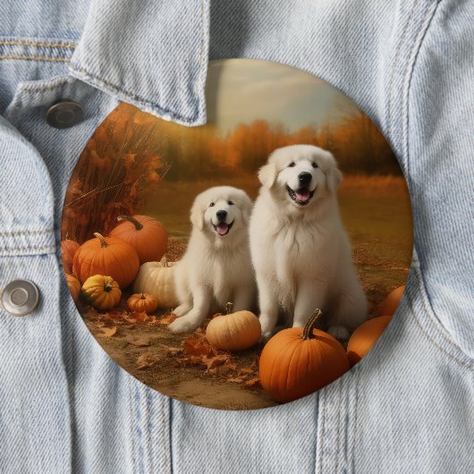 Badge Rond 15,2 Cm Grand Pyrénées Chiot automne délice Citrouille (En situation)
