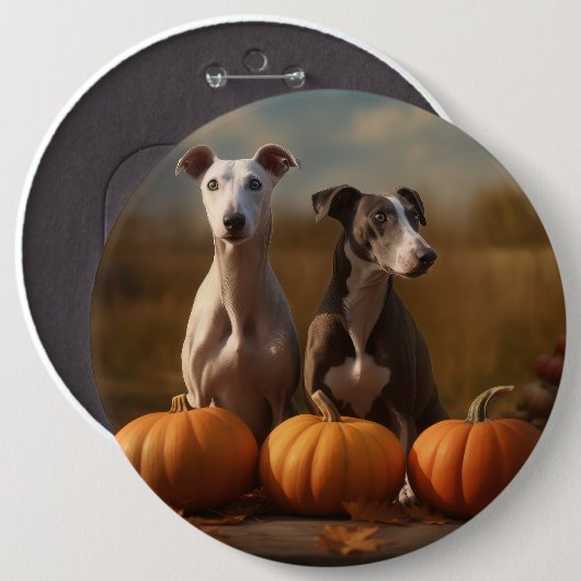 Badge Rond 15,2 Cm Greyhound Chiot Automne Citrouille de plaisir (Devant & derrière)