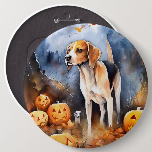 Badge Rond 15,2 Cm Halloween Anglais Foxhound Avec Citrouille (Devant & derrière)