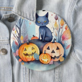 Badge Rond 15,2 Cm Halloween Chat Bleu Oriental Avec Peur Citrouille (En situation)