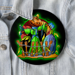 Badge Rond 15,2 Cm Halloween Lady Scarecrow Citrouille Head RIP Bats