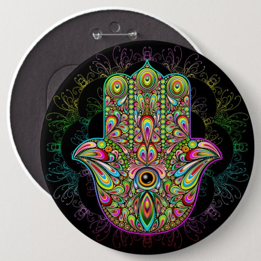 Badge Rond 15,2 Cm Hamsa Fatma Main Psychedelic Art (Devant & derrière)