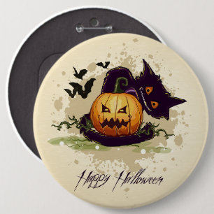 Badge Rond 15,2 Cm Happy Halloween Chat noir et Jack Button